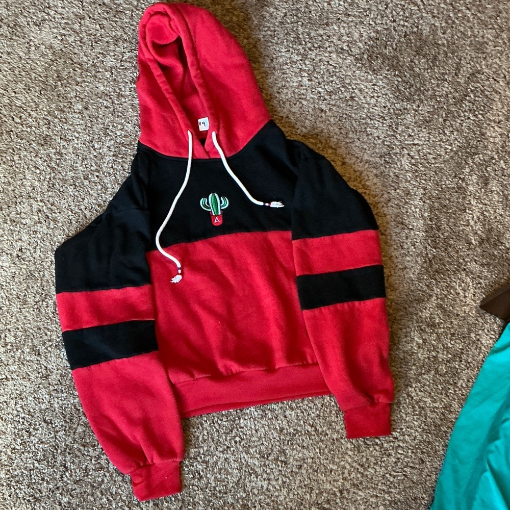 Red and Black Hoodie with Cactus Embroidery